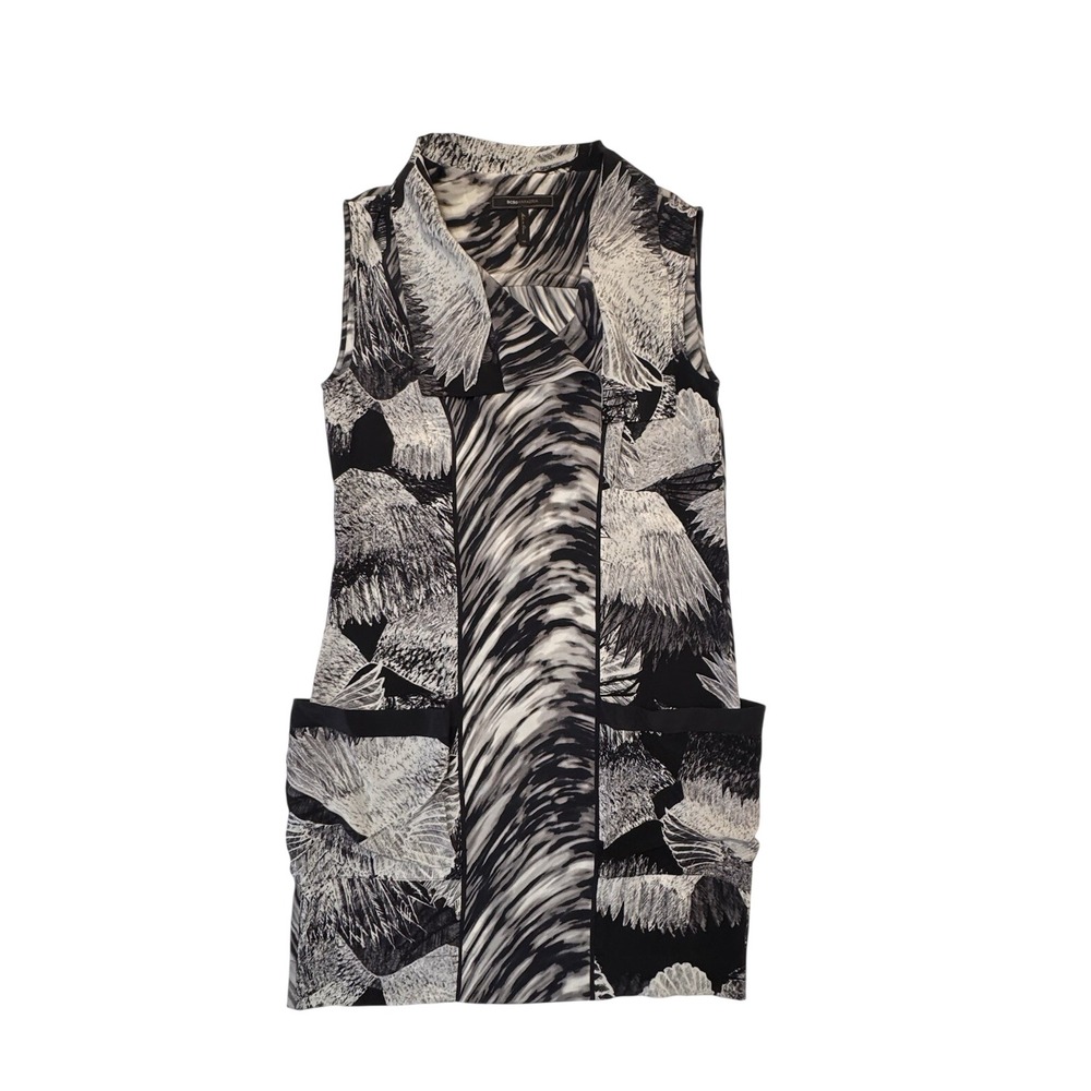 BCBGMAXAZRIA Womens XS Black White Silk Abstract Feather Sleeveless Dress